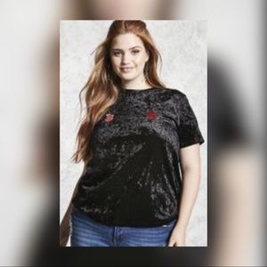 Velour Rose Embroidery Black T Shirt